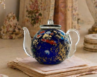 Art Glass Teapot Paperweight Cobalt Blue Gold Aventurine Millefiori Style Miniature Glass Teapot Collectible Decor