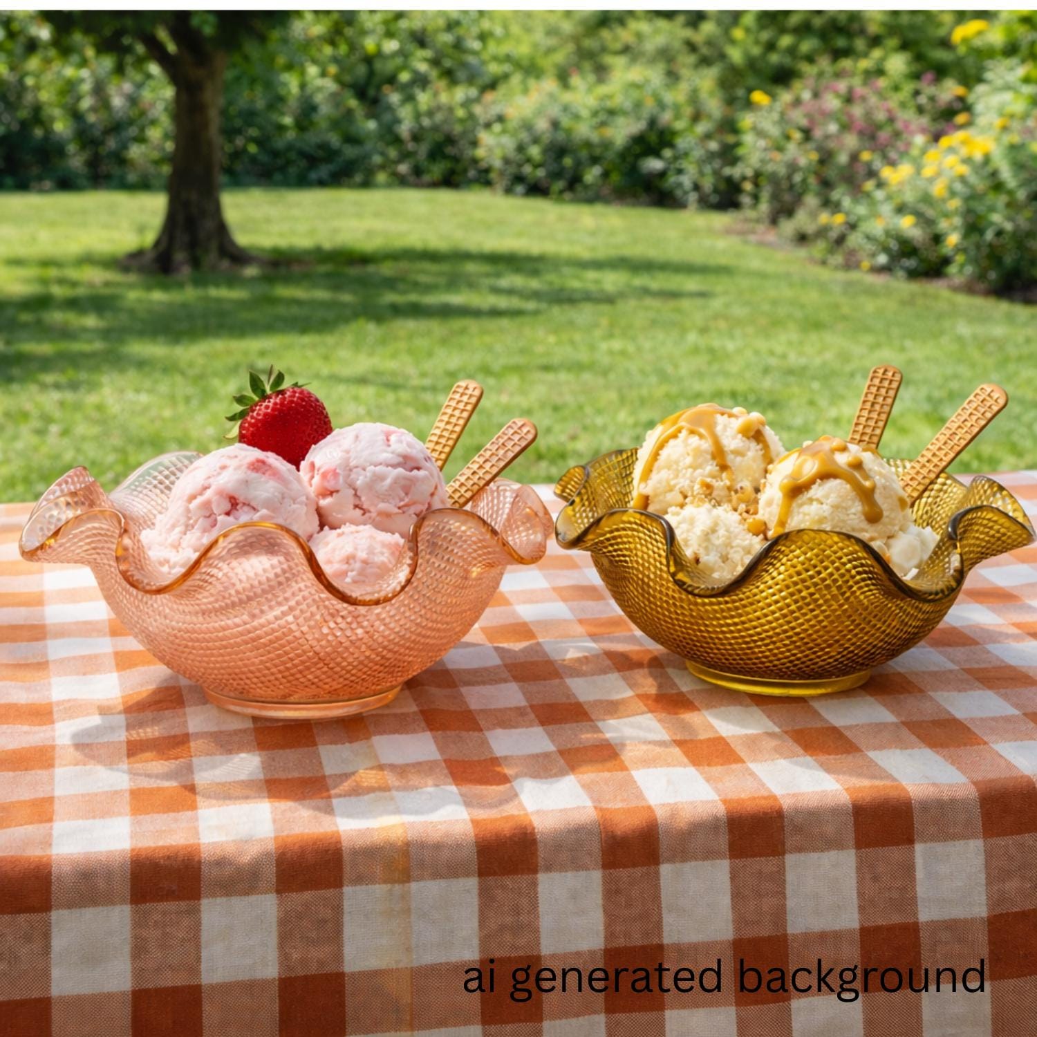 Waffles With Ruffles Vintage Waffle Glass Ruffle Dishes Pair Peach Pink & Amber | Mid ...