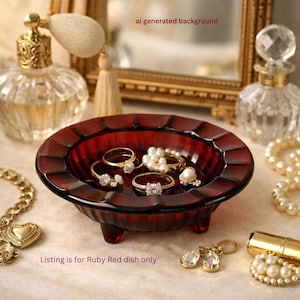 Ruby Red Anchor Hocking Ribbed 3‑Footed Ashtray, Vintage Glass Dish, Mid‑Century,Vanity accessory, jewelry dish, rin dish