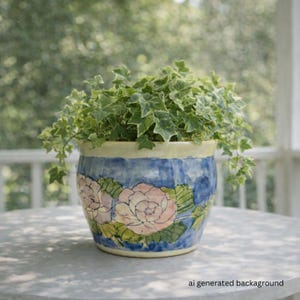 May include: A ceramic flower pot with a blue and white painted design, featuring pink roses and green leaves. The pot is filled with green and white ivy. The pot is sitting on a round table.