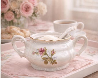 Red Rose China Sugar Bowl & Ladle – Vintage Porcelain Japan, Pink Rose Floral with Gold Trim, Fred Roberts Era Collectible