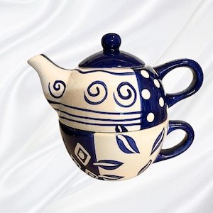 Hand Painted Blue Bayou Tea for One Set – Navy Polka Dot and Leaf Ceramic Teapot with Matching Cup – Whimsical Pottery Gift for Tea Lovers