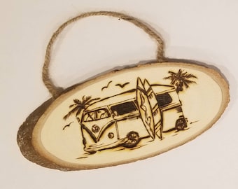 Handmade unique gift idea; natural wood wood burned VW van; surfer; van life; camper van