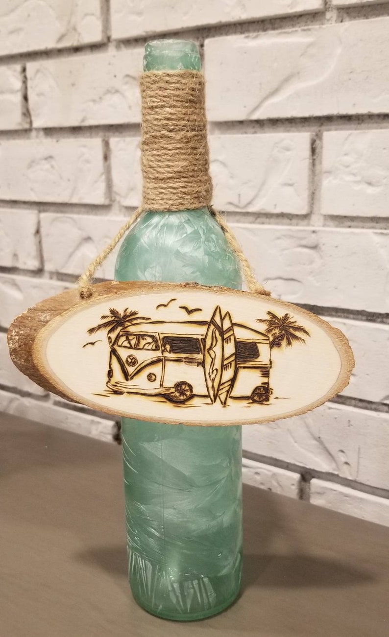 Handmade unique gift idea; natural wood wood burned VW van; surfer; van life; camper van