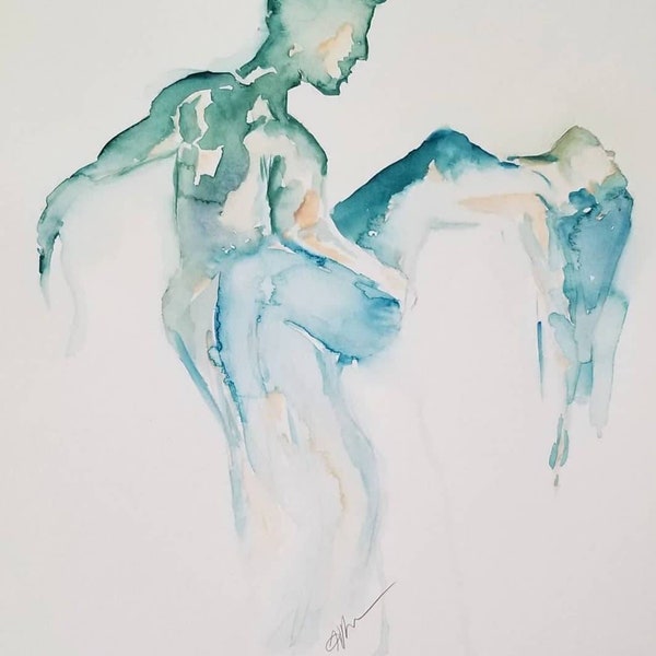 Couple Dancing Watercolour Print, beautiful sensual watercolour painting, home decor, blue and green watercolour, dancing painting