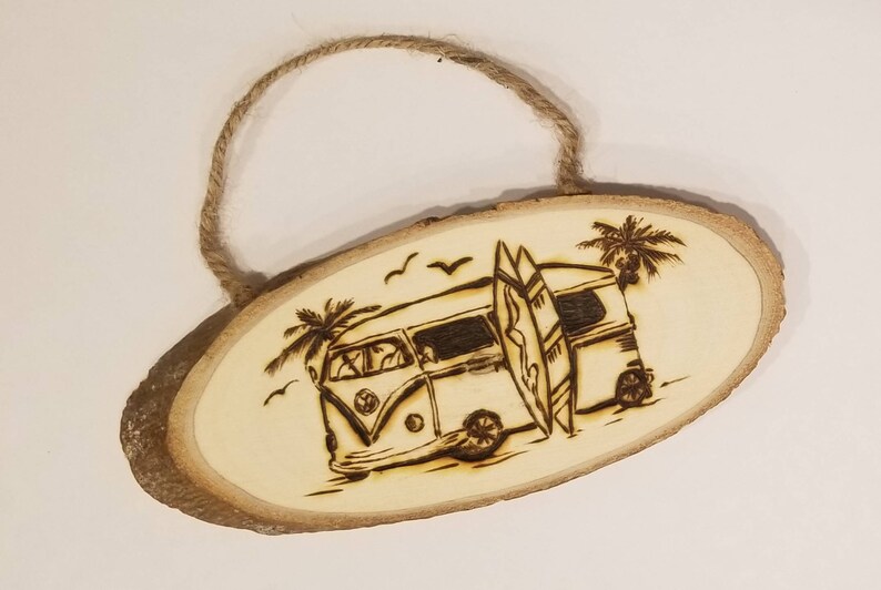 Handmade unique gift idea; natural wood wood burned VW van; surfer; van life; camper van