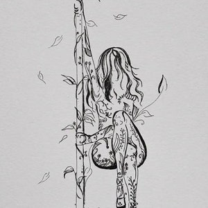 Micron Ink Illustration of Pole dancer botanical detailing