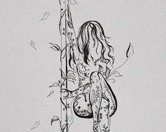 Micron Ink Illustration of Pole dancer botanical detailing