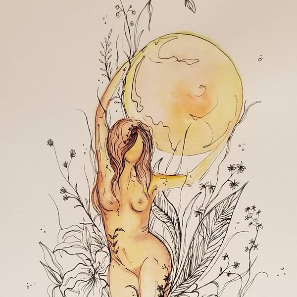 Wild Moon Woman nude art print, watercolour art prints, wall art decor, nature art, watercolour and ink art, yellow moon art, botanical