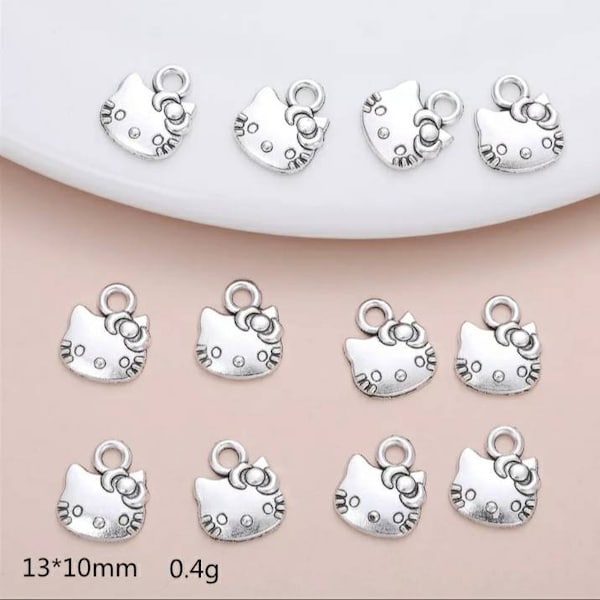 5 Silver Colored Cute Kitty Charms