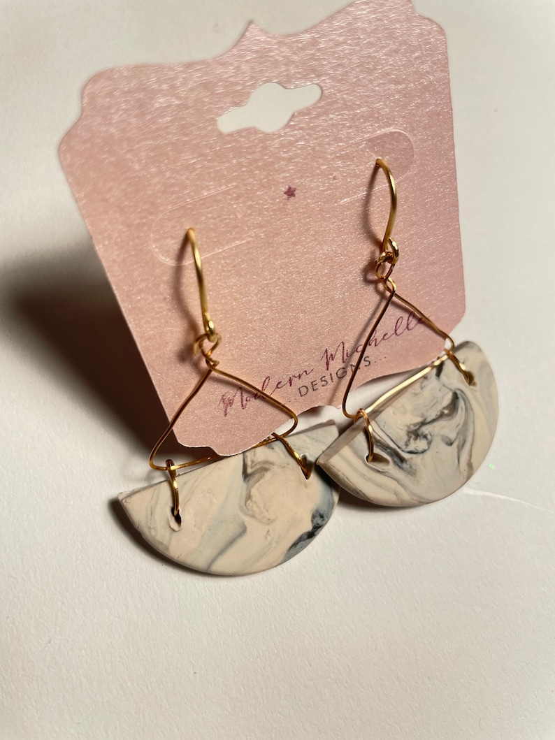 Gold Plated Hardware Handmade Polymer Clay Earring Marble Crescent