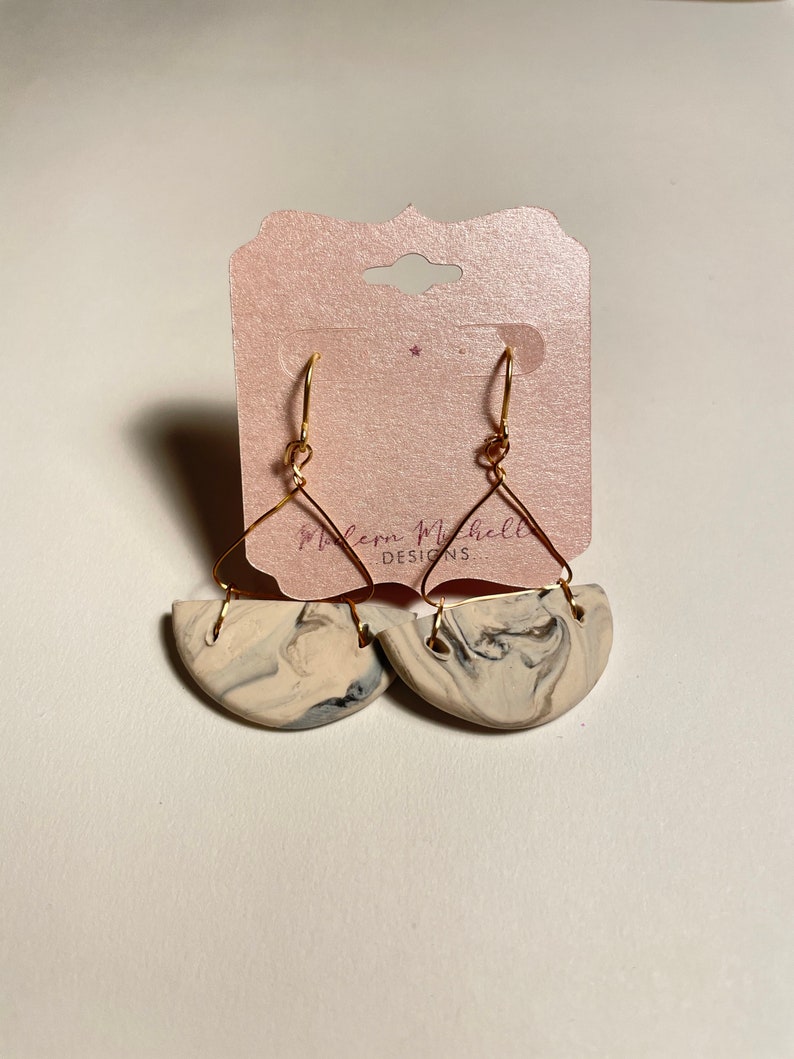 Gold Plated Hardware Handmade Polymer Clay Earring Marble Crescent