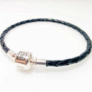 Leather bracelet, genuine leather bracelet, silver barrel clasp, pandora bracelet, pandora style bracelet, black leather bracelet