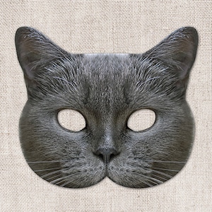 Máscara imprimible de gato gris escocés, gato, máscara de gato, máscara de Halloween imprimible, máscara imprimible, disfraz de gato, máscara de animal, 2 tamaños, disfraz de Zoom