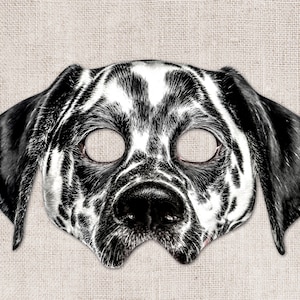 Könnte beinhalten: Eine schwarz-weiße Dalmatiner-Hundemaske mit Augenlöchern. Die Maske zeigt das unverwechselbare gefleckte Muster eines Dalmatiners mit schwarzen Flecken auf weißem Grund. Die Ohren sind schwarz und die Nase ist schwarz. Die Maske ist zum Tragen bestimmt.