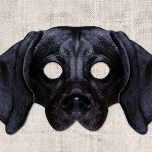 Pode incluir: Máscara de cão de feltro preto com orifícios para os olhos. A máscara tem a forma de um rosto de cão com orelhas caídas.
