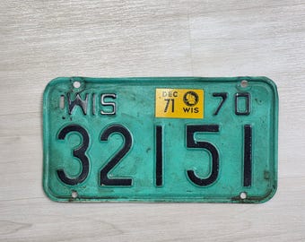 Vintage 1970 Wisconsin motorcykel registreringsskylt blågrön 32151 dec 71 klistermärke