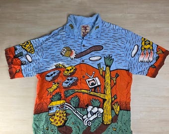 Vintage Mambo Aloha Wear Floral Shirt Small Over Print Funky
