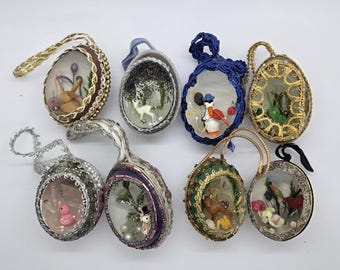 Lot of 8 Vintage Nature Diorama Egg Christmas Tree Ornaments Snowman Bunny Birds