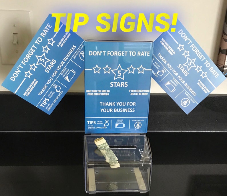 Uber Lyft Tip Box Blue Rideshare With Two 4x6 Tip Signs Free Shipping - 