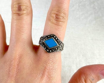 Sterling Silver Women's Ring, Marcasite Stones, Art Deco Glass Turquoise Primitive Bohemian Native American Style, Size 6.5 Gifts for Her