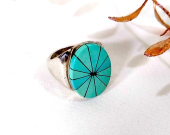 Vintage Sterling Silver Ring, SIZE 10 3/4, Native American 925 Sunburst Ring, Geometric Turquoise Navajo Jewelry, MCM Sun Ring Gifts for Him