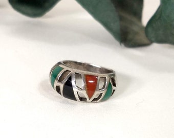 Vintage Multi Gemstone Silver Ring, Size 5 1/2, Onyx Malachite Carnelian Ring, Geometric Filigree Ring, Gift for Men's Ring, Women's Ring