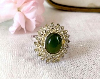 Vintage Cocktail Ring, Sterling Silver Ring, Starburst Flapper Green Rhinestone Edwardian 925 Silver Antique Mother Gifts for Her Engagement