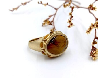 Sterling Silver Tiger's Eye Ring, Unisex Womens Vintage Barse Ring Boho Healing Protection Good Luck Size 8.5 Gold Brown Stone Cat's Eye