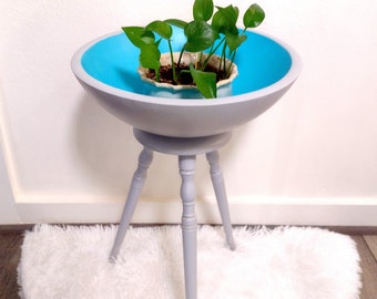 Vintage Mod Plant Stand, Turquoise Blue Grey Yarn Bowl, Large Entryway Trinket Bowl, Boho Cottage Small Apartment Furniture