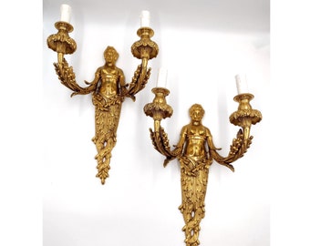 Pair of French Empire Ormolu Goddess Wall Sconce Reproduction, Vintage Double Candle Lamp, Nouveau Style Woman, Gold Gilt Bronze Nude Figure