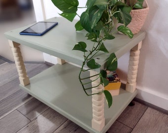 Vintage Reclaimed Pale Green and Cream Wood Side Table with Castors, Wheeled Coffee Table Boho Cottage Shabby Chic,