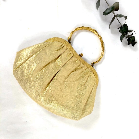 VINTAGE GUCCI GOLD LEATHER RHINESTONE BAMBOO FRAMED MINI EVENING BAG