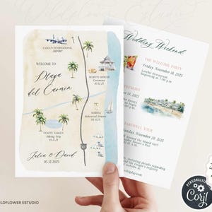 May include: A watercolor wedding invitation suite featuring a map of Playa del Carmen, Mexico, with event details. The invitation includes a map with landmarks, palm trees, and the names Julia & David, with the date 05.12.2025. The suite also includes a schedule.