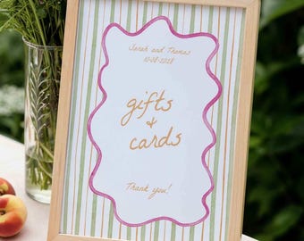 Cards and Gifts Sign Template for Wedding, GIFT TABLE SIGN, Wave Wedding Table Signage, Hand Drawn Stripes Pink & Green Table Decor Signs