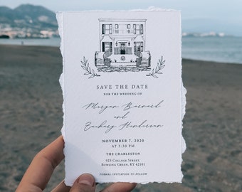 Venue illustration Save The Date, Wedding Venue Save the Date Illustration, Wedding Save The Date Cards, Deckle Edge Save The Date Venue