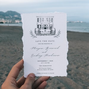 Ilustración del lugar Guardar la fecha, Lugar de la boda Guardar la ilustración de la fecha, Boda Guardar las tarjetas de fecha, Deckle Edge Guardar el lugar de la fecha