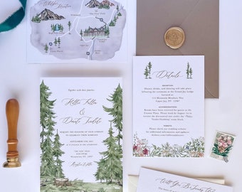 Suite de invitación de boda en el bosque con mapa de boda personalizado, invitación de boda al aire libre, invitaciones de boda verdes/montañas, mapa de boda