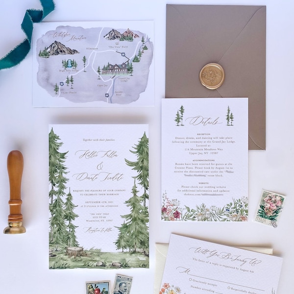 Forest Wedding Invitation Suite With Custom Wedding Map, Outdoor Wedding Invitation, Green / Mountains Wedding Invitations, Wedding Map