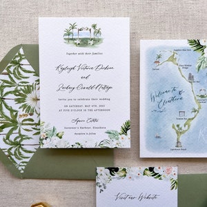 Tropical Wedding Invitation with custom wedding map perfect for a destination beach wedding