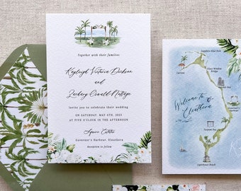 Tropical Wedding Invitation with custom wedding map perfect for a destination beach wedding