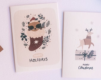 Illustrated Christmas Cards Set, Illustrated Christmas Greeting Cards, Christmas Greeting Cards Pack, Cute Watercolor Christmas Cards