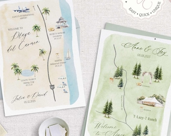Wedding Map Invitation Template, Fully Editable DIY Wedding Map Creator Invitation Template,  +300 Watercolor Illustrations Wedding Template