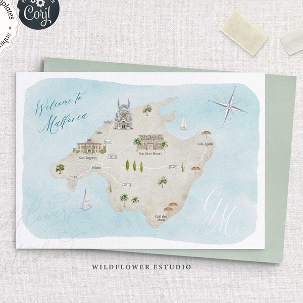 Mallorca Wedding Map Invitation Template, Fully Editable DIY Wedding Map Creator Invitation Template, +100 Watercolor Wedding Illustrations
