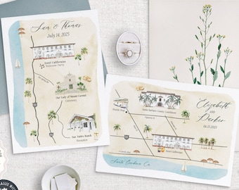 SANTA BARBARA Wedding Map Invitation Template, Fully Editable DIY California Wedding Map Creator,  +125 Watercolor Wedding Illustrations