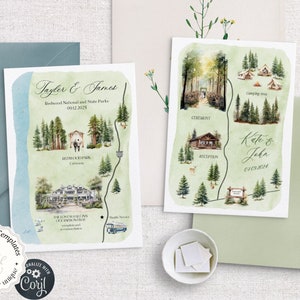 Berg Hochzeitskarte Einladung Vorlage, vollständig bearbeitbarer Hochzeitskarten Ersteller, Waldwald Kiefer Hochzeitskarte Vorlage, +250 Illustrationen