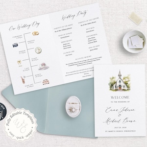 Hochzeitsprogrammvorlage mit Zeitleiste, vollständig bearbeitbares DIY-Hochzeitsprogramm mit 300 Aquarellillustrationen, Infografik-Reiseplanvorlage