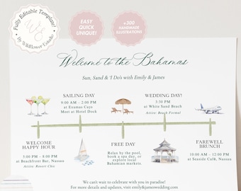 Wedding Timeline Template, Fully Editable DIY Wedding Itinerary Template, +200 Watercolor Illustrations Wedding Weekend Itinerary Template