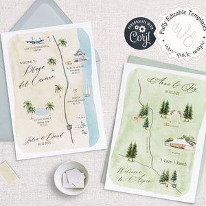 Hochzeitskarte Einladungsvorlage, vollständig bearbeitbare DIY Hochzeit Map Schöpfer Einladungsvorlage, +120 Aquarell Illustrationen Hochzeitsvorlage