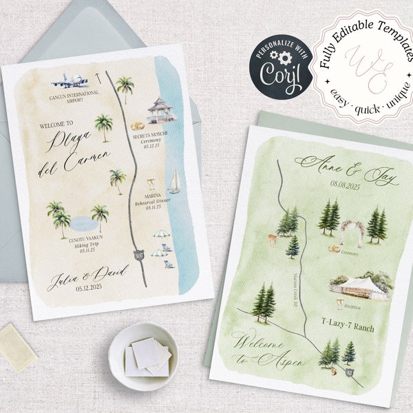 Wedding Map Invitation Template, Fully Editable DIY Wedding Map Creator Invitation Template,  +100 Watercolor Illustrations Wedding Template